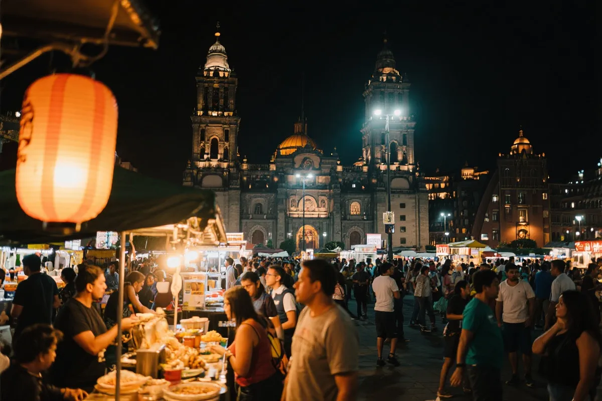 墨西哥城夏夜街头小吃摊与广场氛围，暖色灯光下的球迷人群